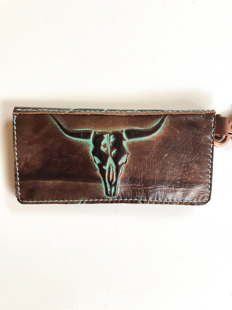 Brown and Turquoise Longhorn Print Wristlet Wallet