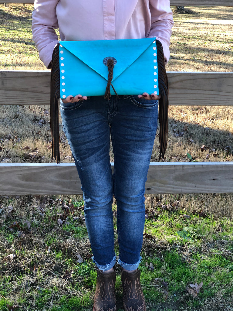 Turquoise Leather Clutch
