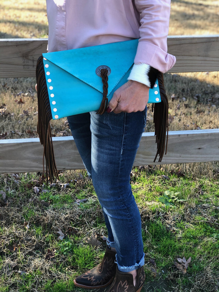 Turquoise Leather Clutch with Fringe 