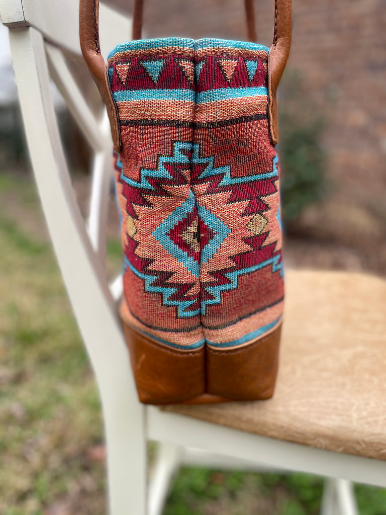 Leather and Southwestern Native Print tote bag