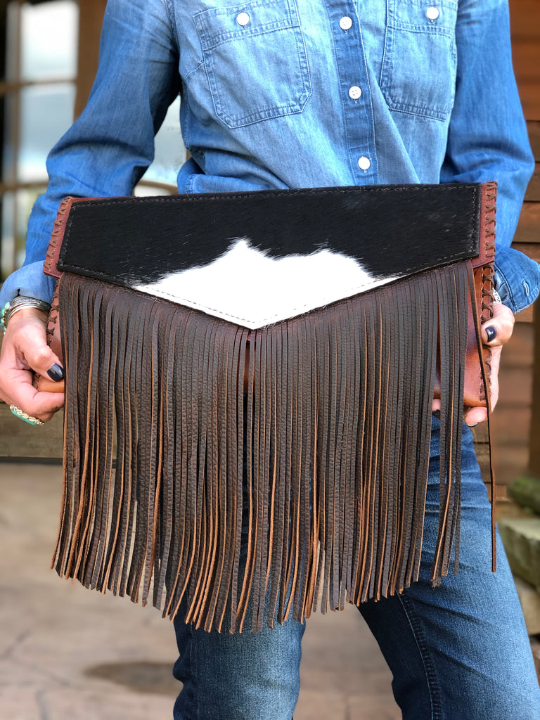 Large Leather Clutch Bag with Fringe 