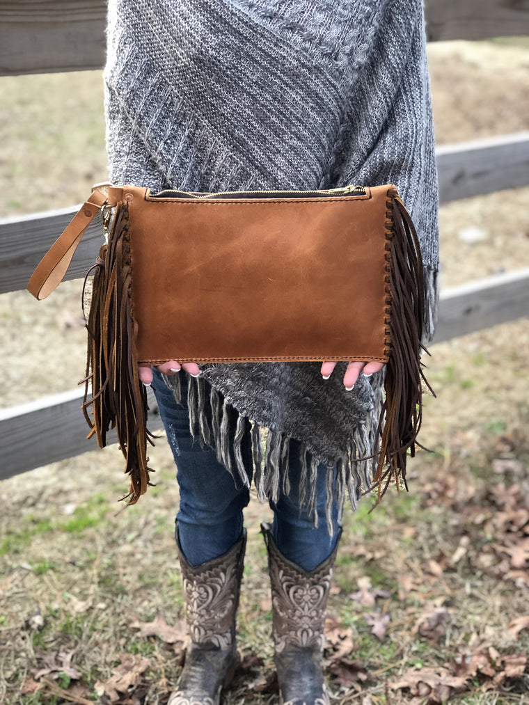 Leather zipper clutch with fringe