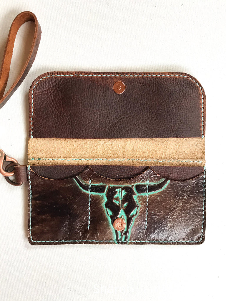 Brown and Turquoise Longhorn Print Wristlet Wallet